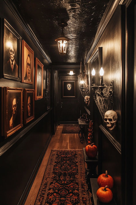 Transform your home into a Halloween wonderland with these 35+ spooktacular decoration ideas. From eerie lights to haunted accents, create a hauntingly beautiful space for the spooky season. 🌟✨ #HalloweenDecor #Spooktacular #HauntedHome #HalloweenIdeas Haunted House Bathroom, Gothic Home Theater, Haunted Living Room Ideas, Haunted Manor Interior, Halloween Decorations Interior, Halloween Set Design, Haunted House Aesthetic Interior, Spooky House Aesthetic, Classic Halloween Aesthetic