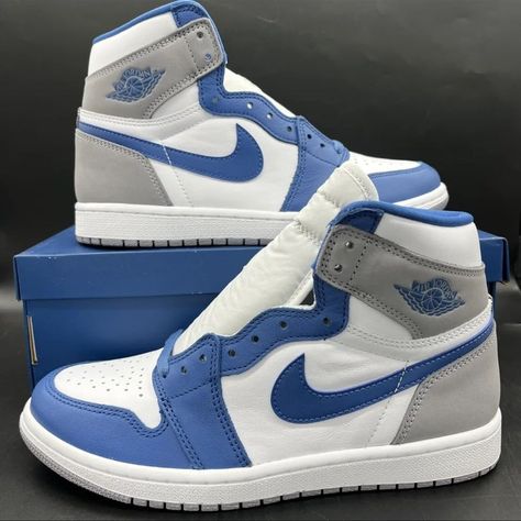 Nike Air Jordan 1 High True Blue White Cement Grey Dz5485-410 Size 8 - 13 Nike Shoes Women Fashion, Nike Air Jordan 1 High, Pretty Sneakers, Blue Jordans, Nike Fashion Shoes, Pretty Shoes Sneakers, Jordan Shoes Retro, White Cement, All Nike Shoes