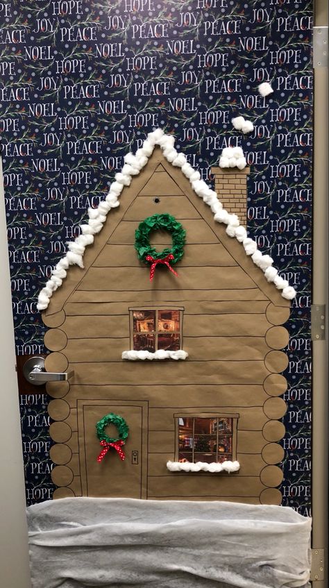 Cabin Classroom Door, Cardboard Box Christmas Decorations, Holiday Door Decorating Contest, Classroom Christmas Crafts, Christmas Door Decorating, Class Door Decorations, Classroom Door Decorating, 2024 Classroom, Log Cabin Christmas