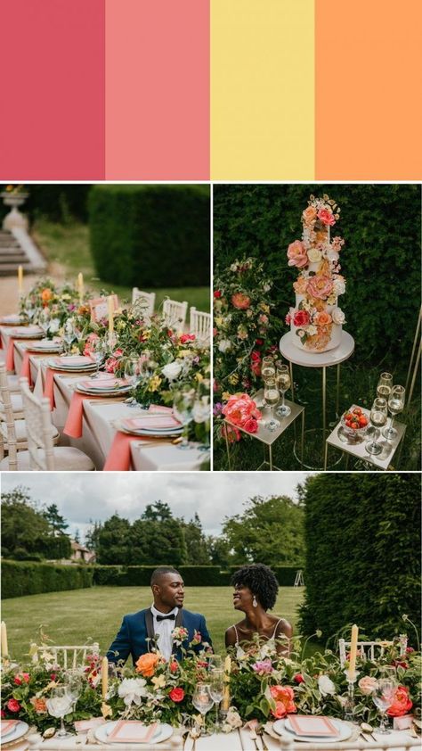 Desire Pink, Embarrassment Pink, Spring Yellow, and Bittersweet Orange Wedding Color Palette | Images by Shelby Ellis Photography Yellow Orange Pink Wedding Palette, Bright And Bold Color Palette Wedding, Pink Yellow Orange Wedding Colors, Wedding Colours 2023 Summer, Summer Party Color Scheme, Citrus Wedding Color Palette, Unique Wedding Color Schemes Summer, Bright Wedding Color Schemes, Pink Yellow Weddings