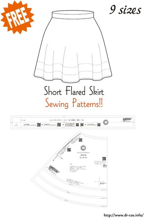 Shorts Pattern Free, Short Flared Skirt, Sewing Patterns Free Women, Japanese Sewing Patterns, Free Sewing Patterns, Free Pdf Sewing Patterns, Japanese Sewing, Dress Making Patterns, Skirt Patterns Sewing