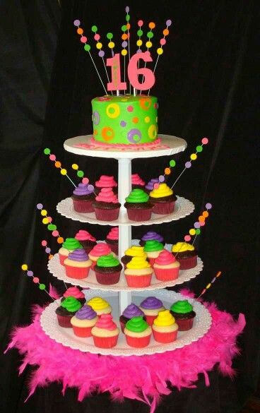 Cake ideas? Cupcake Tower Birthday, Tower Birthday Cake, Glow Party Ideas, Neon Sweet 16, Neon Cupcakes, 16 Cupcakes, Neon Birthday Cakes, Sweet 16 Cupcakes, Neon Glow Party