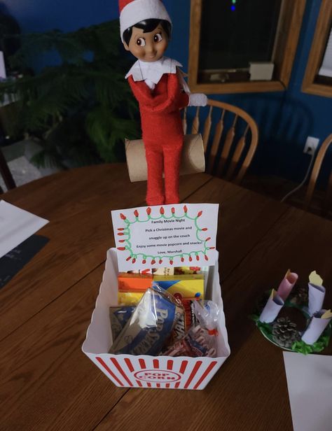 Movie Night Elf On The Shelf, Elf On The Shelf Movie Night, Elf On Shelf, Movie Popcorn, Elf Activities, Elf Fun, Night Elf, Christmas Tree Decorations Diy, Elf Ideas