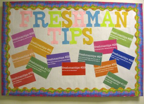 Freshmen Tips Bulletin Board- naming it "Fresh" Tips Freshman Bulletin Board Ideas, Freshmen Tips High School, Ra Bulletin Boards Fall, Inside Out Bulletin Board, Candy Bulletin Boards, Bulletin Board Printables, Dorm Bulletin Boards, Res Life Door Decs, Res Life Bulletin Boards