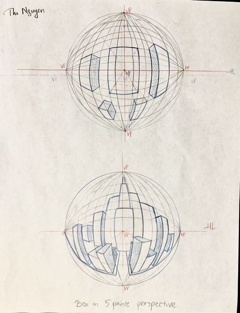 How To Draw Fishbowl Perspective, 1 2 3 Point Perspective, Fish Eye Architecture, Perspective Drawing 5 Point, Fish Perspective Drawing, Fish Eye Perspective Tutorial, Drawing Fish Eye Perspective, Fisheye Drawing Tutorial, Fish Bowl Perspective Drawing