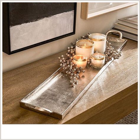 Winter Home Decor Entryway - Great! - Get your products from the online retailer - Amazon.com Tray Centerpiece Ideas Dining Rooms, Metal Tray Decor Ideas, Silver Trays Decor Ideas, Modern Dining Room Table Decor, Gold Tray Decor, Metal Tray Decor, Silver Tray Decor, Coffee Table Decor Living Room, Home Decor Winter