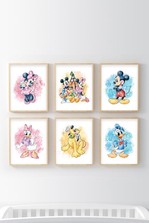 Mickey Mouse and Friends Girls Room Wall Art Mickey And Minnie Shared Bedroom, Disney Nursery Art, Mickey And Friends Nursery Ideas, Minnie Mouse Wall Decor, Mickey And Minnie Room Ideas Kids, Mickey And Friends Nursery, Simple Disney Nursery, Mickey And Minnie Nursery, Mickey And Minnie Bedroom