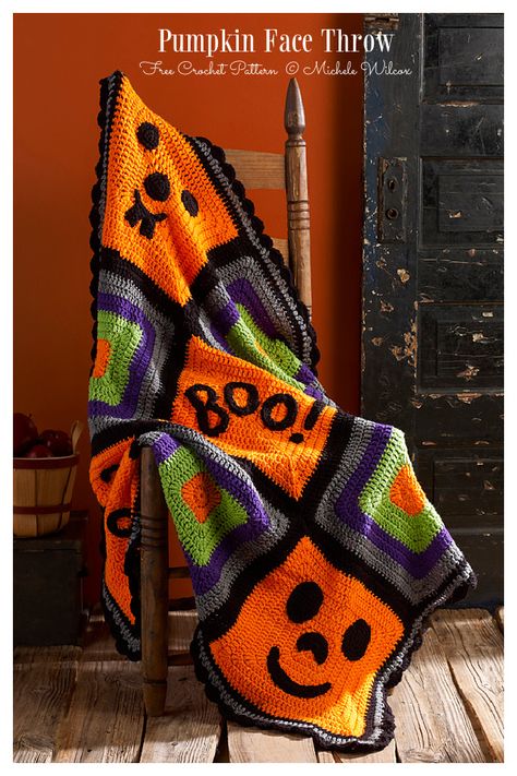 Halloween Blanket Crochet Patterns - DIY Magazine Crocheted Halloween, Motifs Afghans, Crochet Pour Halloween, Motifs Granny Square, Crochet Afghan Patterns Free, Confection Au Crochet, Crochet Blanket Afghan, Halloween Crochet Patterns, Halloween Blanket