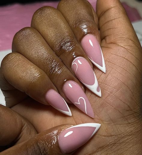 Almond Nails With Line Design, Almond Shaped White Tips, Nails For Wide Fingers, Design For Almond Shape Nails, Sassy Nails Almond, Almond Nail Styles, Almond Vs Stiletto Nails, Almond Shaped French Tips, Soft Pink French Tip Nails