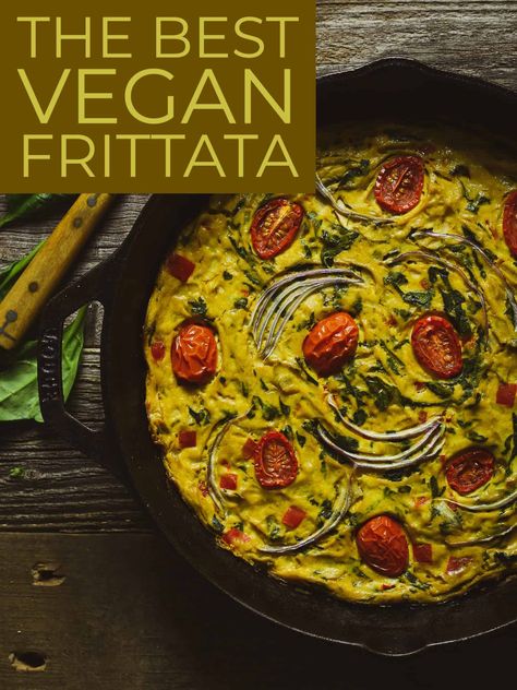 This Vegan Frittata is easy to make, absolutely delicious, and so close to the real thing. A savory egg-free frittata recipe that's healthy, gluten-free, and low in fat. Perfect for breakfast or brunch! Vegan Frittata, Egg Frittata, Cashew Sour Cream, Frittata Recipe, Frittata Recipes, Holiday Brunch, Vegan Eggs, Sauteed Veggies, Sauteed Vegetables