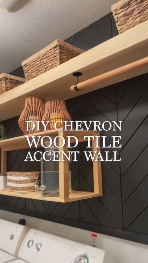 $50 DIY Wood Tile Accent Wall $40 DIY Foating Shelf $40 DIY Pottery Barn Dupe Shelf Beautiful functional laundry room renovation for under $300… priceless. (Shelf Tutorials in Feed 👇) #diyproject #laundry #laundryroomma | Emily and Lucas DIY | Emily and Lucas DIY · Original audio Wood Backsplash Laundry Room, Black Accent Wall In Laundry Room, Black And Wood Laundry Room, Laundry Room Wood Shelves, Wood Tile Accent Wall, Accent Wall In Laundry Room, Laundry Room Backsplash Ideas, Accent Wall Laundry Room, Laundry Room Accent Wall