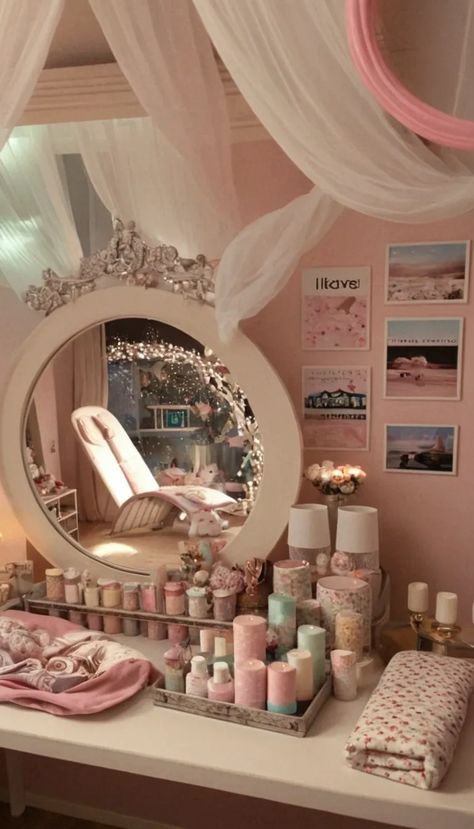 aesthetic vanity table well organized. kawaii attic room with pastel pink decor Bedroom Ideas Kawaii, Attic Transformation, Cozy Attic Bedroom, Attic Bedroom Ideas, Pastel Furniture, Pastel Desk, Kawaii Decor, Cozy Attic, Charming Aesthetic