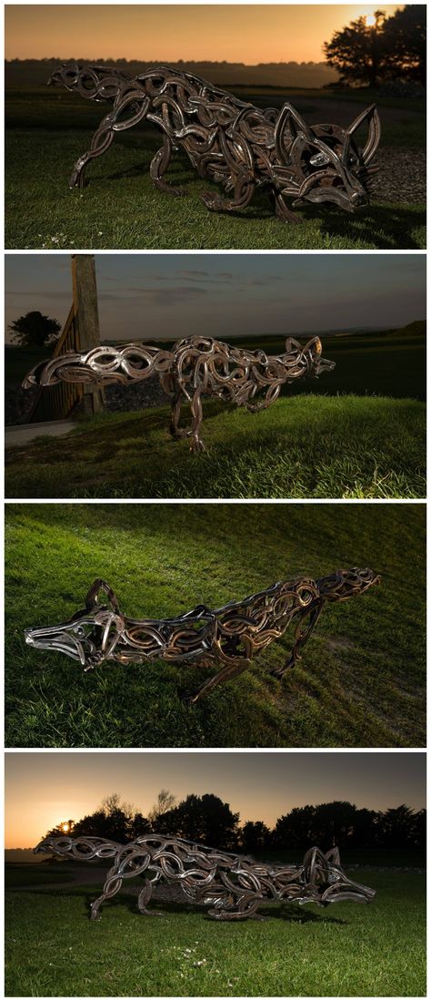 art, design, metal, sculpture, upcycled Siona – The Celtic Fox goddess was honored for her wisdom and relied upon as a spirit guide for she knows the woods like no other. Stunning life size fox study created entirely from old horseshoes. Inspired by Celtic artwork the horseshoes have b Horseshoe Art Welded, Fox Sculpture, Metal Sculpture Artists, Celtic Artwork, West Coast Choppers, Welding Art Projects, Diy Welding, Horseshoe Art, Metal Tree Wall Art