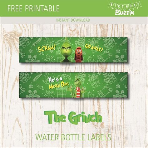 Use our free printable The Grinch water bottle labels to decorate bottled drinks at your Grinch themed birthday party. Grinch Themed Birthday Party, Grinch Drink, Bottled Drinks, Water Bottle Labels Birthday, Grinch Stuff, Grinch Crafts, Elf Christmas Decorations, Grinch Christmas Party, Whoville Christmas