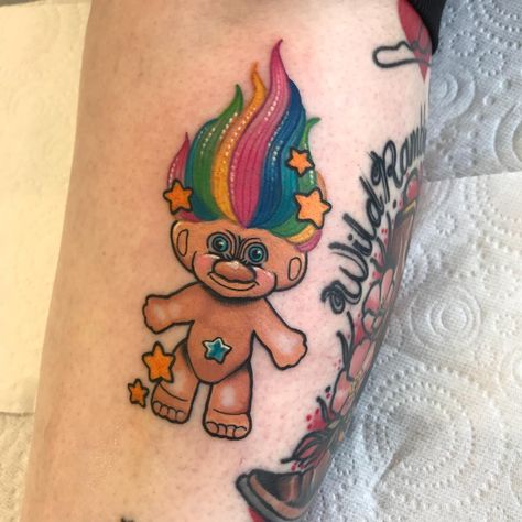 Rainbow Brite Tattoo Ideas, Popples Cartoon Tattoo, Troll Tattoo Ideas, Brave Little Toaster Tattoo, 2000s Cartoon Tattoos, Lisa Frank Tattoos, Troll Doll Tattoo, Trolls Tattoo, Troll Tattoo