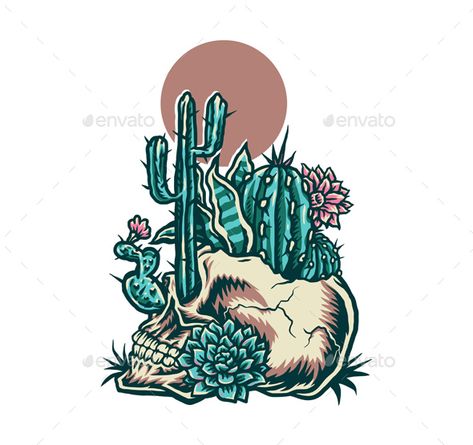 Cactus Tattoo With Skull, Ghost Cactus Tattoo, Desert Skull Tattoo, Skull With Cactus Tattoo, Cactus Skull Tattoo, Western Pop Art, Tat Placement, Desert Tattoo, Skull Cactus