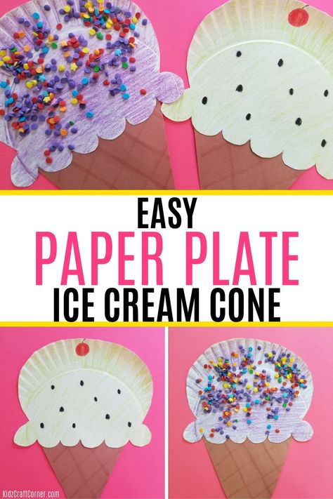 If you are looking for an easy art idea for kids, you'll love this ice cream cone crafts made out of paper plates. Grab some extra paper plates and be sure to try out this awesome craft for any age child. #kidscraft #kidscraftidea #paperplatecraft #craftsforkids Ice Cream Cone Craft, Creative Ice Cream, Ice Cream Crafts, August Crafts, Prek Crafts, Craft For Preschoolers, Fun Summer Crafts, Paper Plate Crafts For Kids, Ice Cream Art