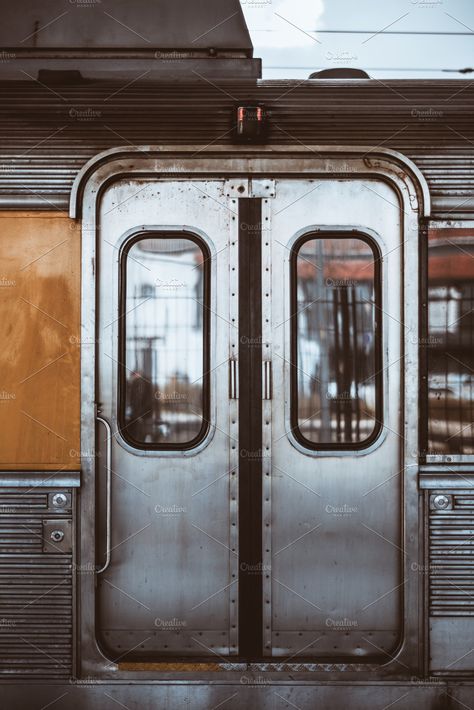 Ad: Metallic grungy train coach doors by SkyNext on @creativemarket. Vertical shot of the metal grungy closed automatic doors of a chrome carriage trim of a European suburban train with windows, two buttons #creativemarket Chicago El Train, Train Door, Train Window, Automatic Doors, Carriage Doors, Cafe Door, Subway Train, Black Background Wallpaper, House Window