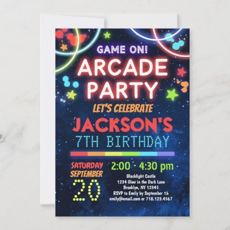 $ 3.03 | Game On Arcade Party Birthday Invitation - arcade party birthday invitation, boys arcade party, arcade games party, arcade birthday invitation, rainbow, bright colors, neon glow, arcade invitations for boys birthday, game on invitation, kids arcade birthday Arcade Themed Birthday Party, Mini Golf Birthday Party, Mini Golf Party, Arcade Birthday Parties, Arcade Birthday, Arcade Party, Laser Tag Birthday Party, Laser Tag Party, Laser Tag Birthday