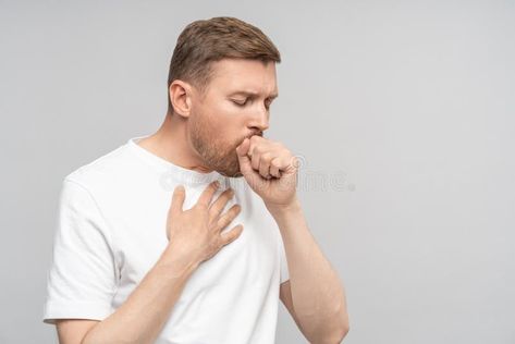 Man has bad cough, sore throat chest pain isolated on studio grey background, bronchitis, tracheitis royalty free stock image Bad Cough, Throat Pain, Honey Water, Chest Pain, Sore Throat, Grey Background, Gray Background, Face Care, Stock Images Free