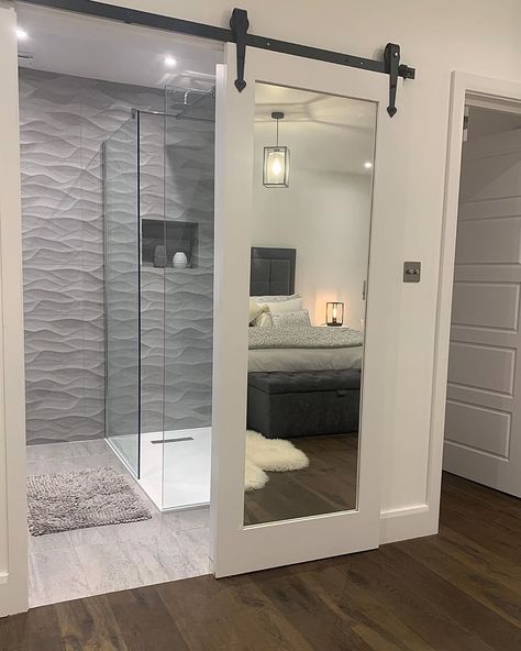 @houserenovationatno.47 on Instagram: “BARN DOOR TO EN-SUITE  Thank you so much for all the lovely messages and likes for my post on the bath in our bedroom yesterday. we also…” Open Plan Bedroom And Bathroom, Attic Ensuite, Loft Ensuite, Ensuite Layout, Small Ensuite, Small Shower Room, Bedroom Ensuite, Ensuite Shower Room, En Suite Shower Room