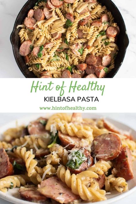 Kielbasa Lunch Ideas, Healthy Pasta With Sausage, Dairy Free Kielbasa Recipes, Kielbasa And Spinach Recipes, Kielbasa Spinach Pasta, Kielbasa With Pasta, Kielbasa Dinner Recipes Healthy, Healthy Kielbasa Recipes Dinners, Kielbasa Dinner Recipes Easy Meals