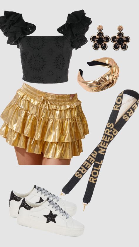 #outfitinspo #gamedayoutfit #collegefootball #southern #preppy #gold #black #summer #skirt #earrings Black And Gold School Spirit Outfits, Black And Gold Football Game Outfit, Gold And Black Football Outfit, Black And Gold Spirit Week Outfits, Gold Rush Theme Football Game, Black And Yellow Game Day Outfit, Black And Gold Gameday Outfit, Black And Gold Game Day Outfit, Gold Out Football Game Outfit