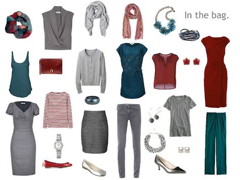 Things to pack for a dressy vacation, in grey, teal and merlot Colours That Go With Grey, Packing Capsule Wardrobe, Summer Tones, Packing Wardrobe, The Vivienne Files, Vivienne Files, Travel Capsule, Travel Capsule Wardrobe, Colour Matching