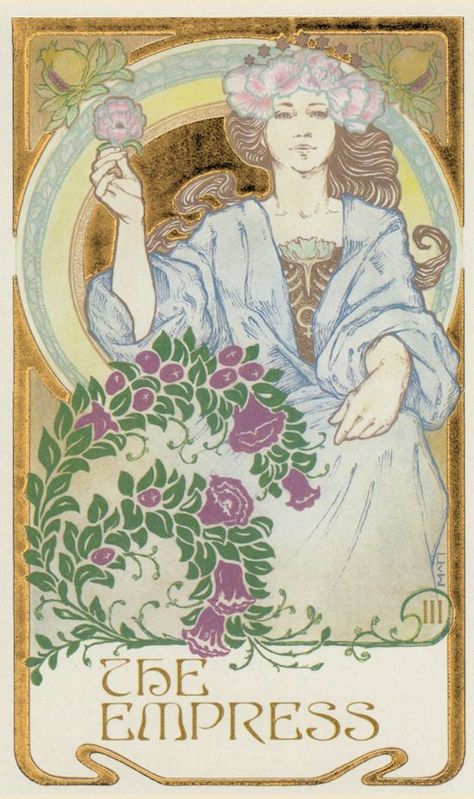 Empress Tarot Card, Empress Tarot, Alphonse Mucha Art, Vintage Tarot, Art Nouveau Poster, Tarot Cards Art, Angel Cards, Tarot Card Decks, Tarot Art