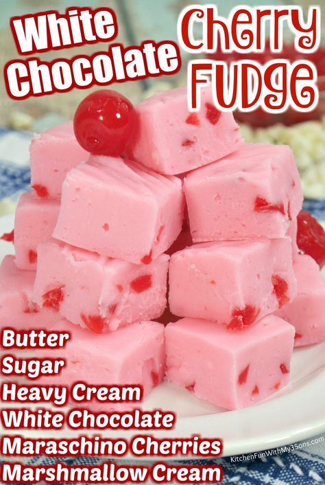 Chocolate Cherry Fudge, Cherry Fudge, Cake Batter Fudge, White Chocolate Cherry, Easy Christmas Candy Recipes, Homemade Fudge Recipes, White Chocolate Fudge, Fudge Ingredients, Maraschino Cherries