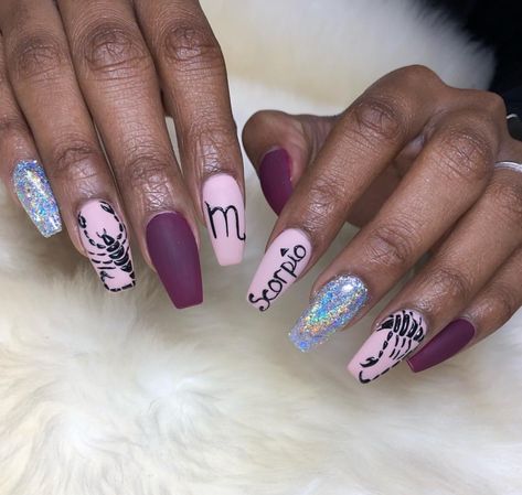 Scorpio Acrylic Nails Designs, Cancerian Nails, Scorpio Nails Designs Short, Scorpio Inspired Nails, Birthday Nails Zodiac, Bday Nails Acrylic, Birthday Nail Set Ideas Scorpio, Scorpio Acrylic Nails, Scorpio Nail Art