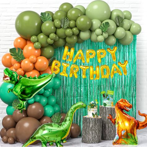 PRICES MAY VARY. Kids Dinosaur Birthday Decorations: Most kids love dinosaurs, so we have carefully prepared a set of dinosaur-themed birthday decorations. It comes with 124 latex balloons (5 colors, 5"+10"+12"+18"), 3 large-size foil balloons, happy birthday foil balloons; 2 fringe curtains, 10 palm leaves, 10 dinosaur tattoo stickers, 11 cake toppers, and 3 balloon accessories. This is a rich and complete set of dinosaur decorations, let's enjoy the party feast together Unique Dinosaur Party D Dinosaur Birthday Theme Decorations, Dinosaur Themed Birthday Party Boys, Dino Decorations Party, 1st Birthday Boy Dinosaur Theme, Dinosaur Balloon Arch, Dinasour Birthday Ideas, Dinosaur Birthday Ideas, Dinosaur Balloon Garland, Balloon Fringe