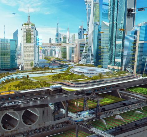 Eco City Concept, Utopian Society, Comic Inspiration, Eco City, Fantasy Concept, Urban Nature, Cityscape Art, Landscape Background, Green City