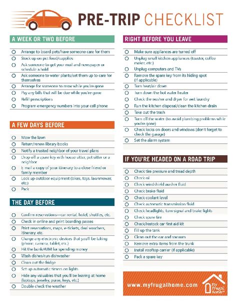 Printable Pre-Trip Checklist - everything you need to do to get ready for a trip, so you don't forget anything important. Trip Checklist, Road Trip Checklist, Vacation Checklist, Road Trip Packing, Packing Kids, Family Emergency, Lord Byron, Emergency Plan, Camping Checklist