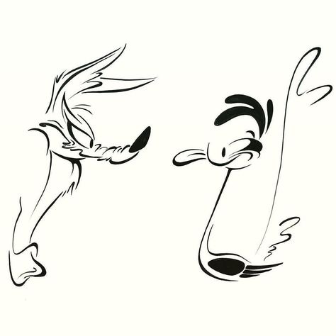 India ink drawings of Wile E. Coyote and Road Runner by Eric Goldberg (creator of the Genie in 'Aladdin' and animation director of 'Looney Tunes: Back in Action') by cartoonbrew Coyote And Road Runner, Coyote Tattoo, Runner Tattoo, Wile E Coyote, Cute Funny Cartoons, Classic Cartoon Characters, Cartoon Sketches, Cartoon Tattoos, Ink Drawings