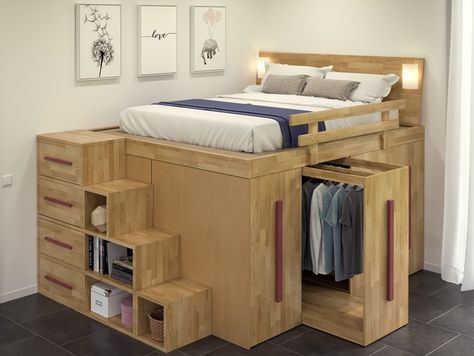 Download the catalogue and request prices of Spaziobed | bed By cinius, solid wood bed with sliding clothes hangers, spaziobed Collection Bedroom Corners, Cool Loft Beds, Small Closet Design, Diy Space Saving, Wardrobe Bed, Space Saving Beds, Design Bed, Bed With Slide, Bilik Tidur