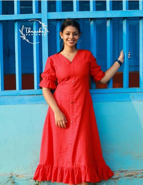 Frock Nighty Design, Hakoba Frocks For Women, Aline Frocks For Women, Hakoba Kurti, Nighty Design, Sarees Ideas, Kurthi Design, Frocks For Women, Simple Frock