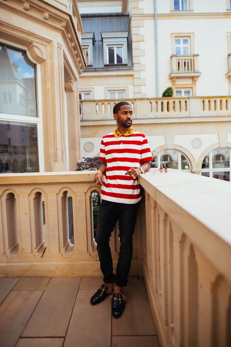 Big Sean Outfits, Big Sean Fashion, Gucci Polo Shirt, How To Tie Bandana, Tie Bandana, Men Street Style, Black Men Street Fashion, Swag Men, Men Street Fashion