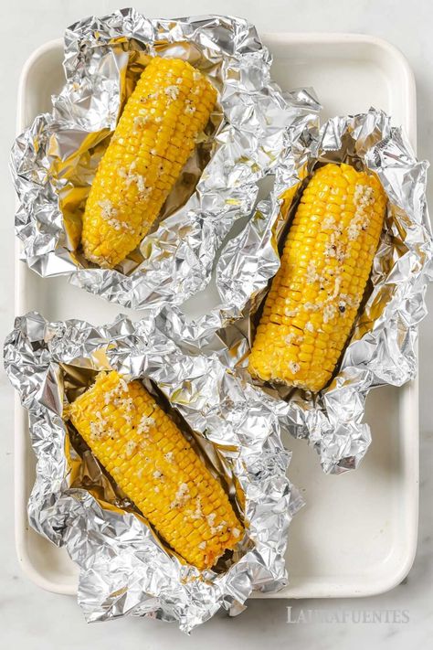 How to Bake Corn on the Cob in the Oven | Laura Fuentes Corn On The Cob In The Oven, How To Bake Corn, Bake Corn On The Cob, Corn In The Oven, Buttery Corn, Spicy Green Beans, Cook Corn, Cob Oven, Beef Kabobs