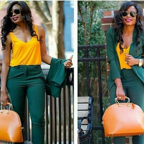 Mustard/Yellow and emerald green / dark green suit Triangle Outfits, Working Clothes, Church Clothes, Green Outfits, Church Attire, Fashionable Work Outfit, Wardrobe Goals, Graduation Outfits, Corporate Attire