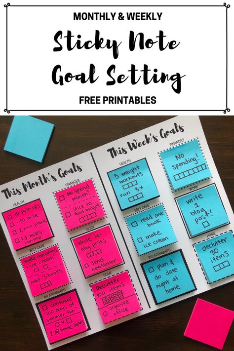 Free sticky note goal setting printables! Set yearly, monthly or weekly goals with these reusable printables! Each printable has different categories for goals including health, fitness, work, self care, relationship and home goals! #goalsetting #goalprintable #freeprintable Work Self Care, Planning School, Home Goals, Goal Setting Printable, Goals Printable, To Do Planner, Goal Board, Goal Setting Worksheet, Weekly Goals