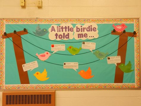 Made this bulletin board with my room partner--highlight tweets from authors, tweets about books, or tweets from spoof accounts/book characters. Bird Bulletin Boards, Daycare Curriculum, Ra Bulletins, Ra Bulletin Boards, Ra Ideas, Bulletin Board Ideas, About Books, Class Decoration, Classroom Setting