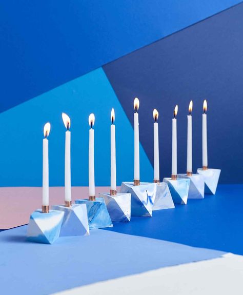 Concrete Menorah Hanukkah Table Setting, Hanukkah Diy, Diy Gift Bow, Diy Hanukkah, Sparkling Candle, Hanukkah Crafts, Chanukah Decor, Festive Centerpieces, How To Celebrate Hanukkah