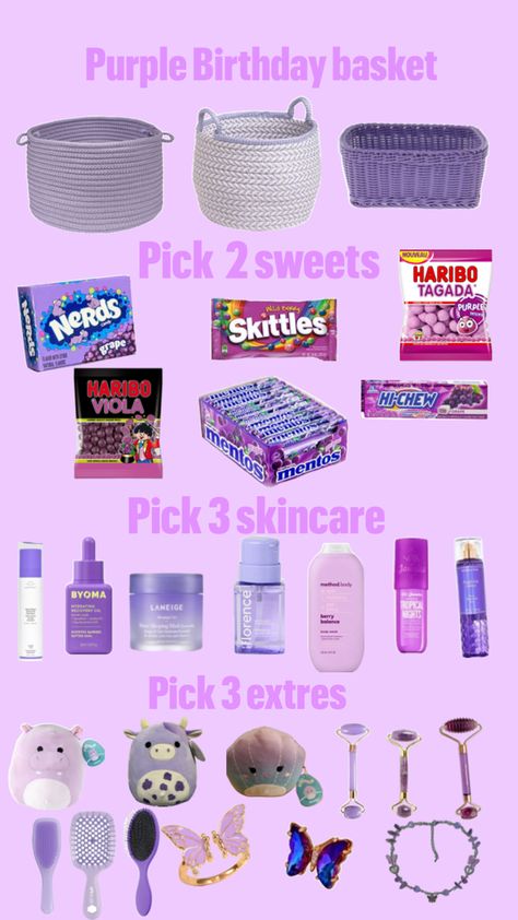 Basket For Best Friend Birthday, Birthday Box Ideas For Best Friend Purple, Purple Birthday Gift Baskets, Sweet 16 Gift Basket Ideas 16th Birthday, Light Purple Gift Basket Ideas, Purple Gift Basket Ideas Birthday, Birthday Box For Sister, Purple Gift Box Ideas Birthday, Birthday Basket Ideas For Women