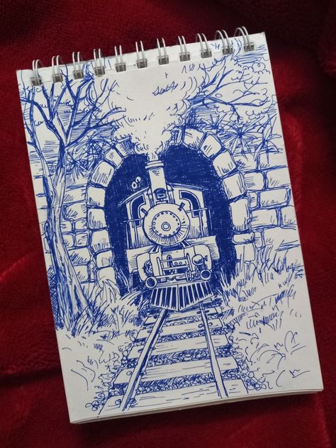 Easy Pen Art, Pen On Paper, Perspective Drawing, Pen Art, A Drawing, A Train, Pen, Notebook, Train