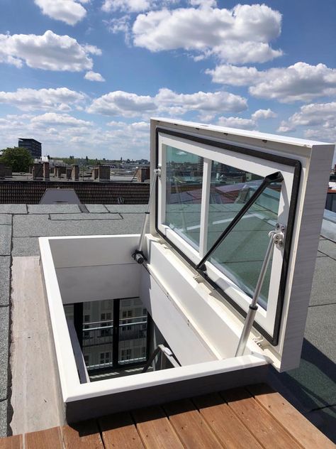 Rooftop Access, Roof Access Hatch, Staircase Detail, Contemporary Lodge, Roof Terrace Design, Skylight Design, Roof Hatch, Cladding Design, Rooftop Terrace Design