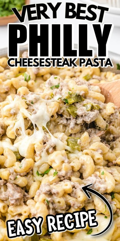 This Philly cheesesteak pasta recipe is loaded with beef and cheese and flavor. It’s ready to be your new family favorite! Philly Cheesesteak Hamburger Helper, Philly Cheesesteak Pasta Skillet, Philly Pasta, Best Creamy Pasta, Dinner Ides, Philly Cheesesteak Pasta, Best Philly Cheesesteak, Cheesesteak Pasta, Cheese Steaks