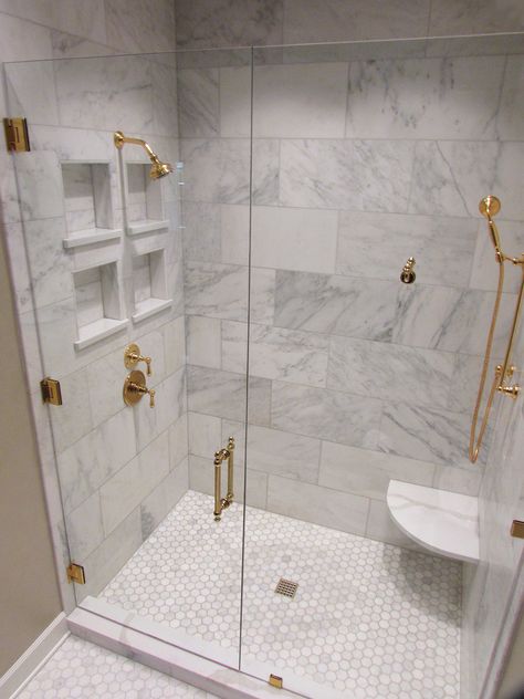 Glossy Shower Wall Tile, Tiny Shower With Bench, Large Square Shower Tile, Marble 12x24 Shower Tile, Shower Diverter 3 Way, Square Shower Floor Tile, Inside Shower Tile Ideas, Marble Master Bath, Adu Bathroom