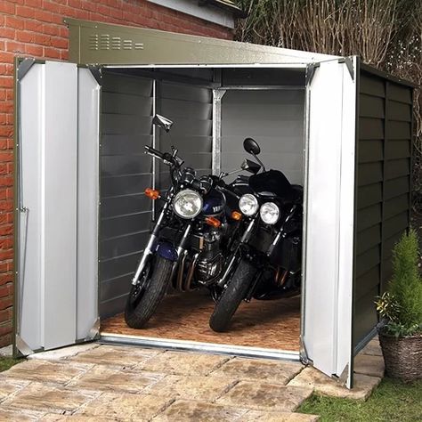 Motorcycle Storage Shed Diy, Motorcycle Shed Ideas, Motorcycle Storage Garage, Motorcycle Shed, Motorbike Shed, Motorcycle Storage Shed, Garbage Shed, Plastic Storage Sheds, Shed Garage