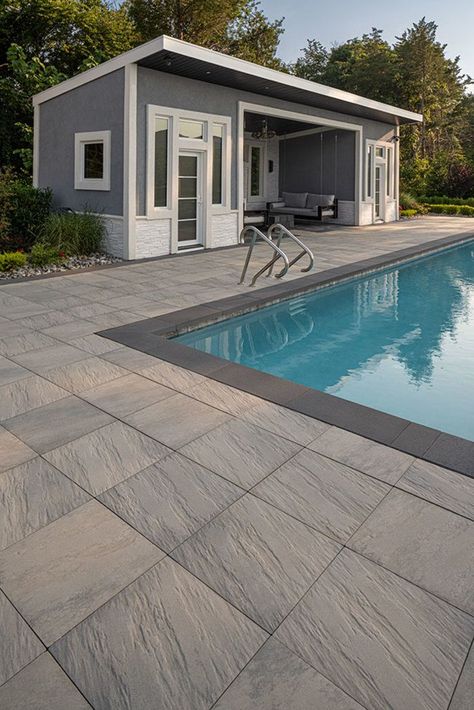 Our Everest patio slab is one of a kind. We’ve revolutionized the manufacturing process, allowing us to create a finish in texture and in color that will have you convinced it is real stone. This patio slab will complement any swimming pool design, from modern to traditional! To shop this product and others, visit the Techo-Bloc website today! Pavilion Decor, Pool And Patio Ideas, Patio Stone, Backyard Shop, Block Layout, Patio Slabs, Modern Landscape, Swimming Pool Designs, Dream Backyard